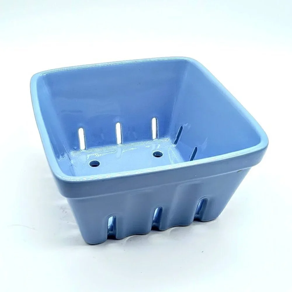 Crate & Barrel Blue Square Ceramic Berry Fruit Basket Colander